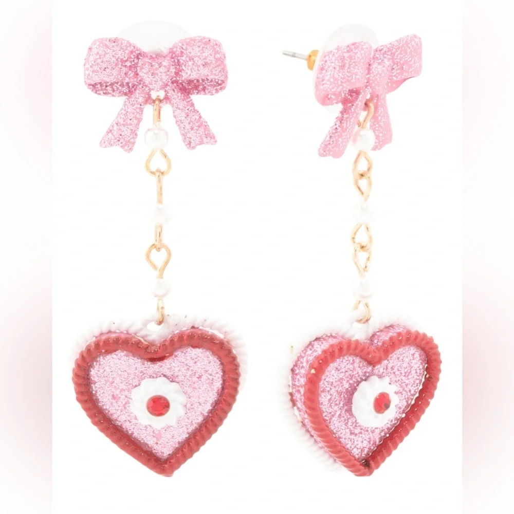 Betsey Johnson Pink valentine Heart Earrings with Glitter Bows
